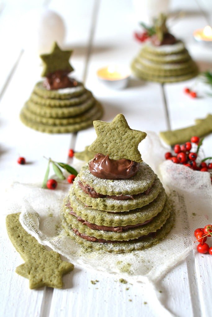 Petits sapins de biscuits – thé matcha et pâte à tartiner