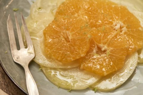 Betterave jaune et mandarine en carpaccio