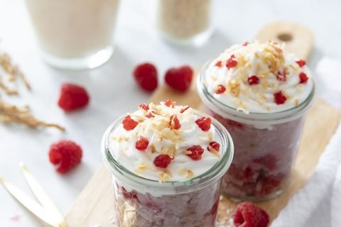 Riz au lait aux framboises, chantilly coco