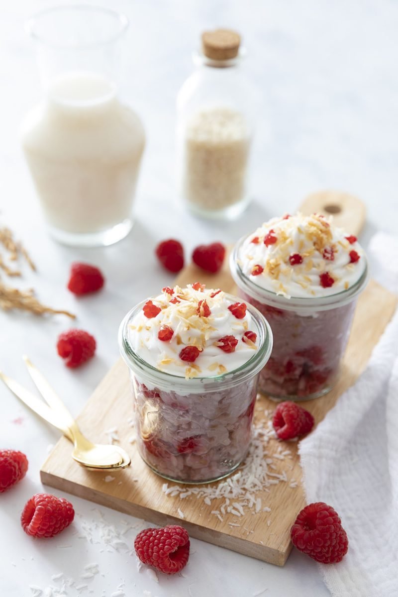 Riz au lait aux framboises, chantilly coco